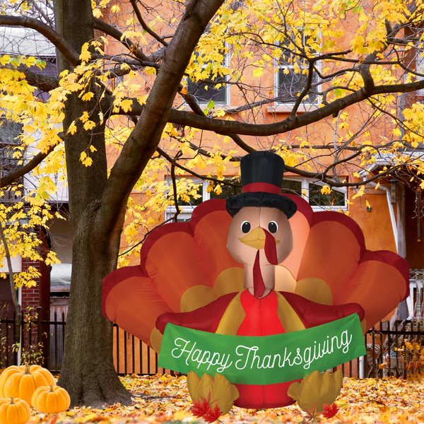 Inflatable Happy Thanksgiving Pilgrim Turkey with Banner 4.5ft Airblown Yard Decor
